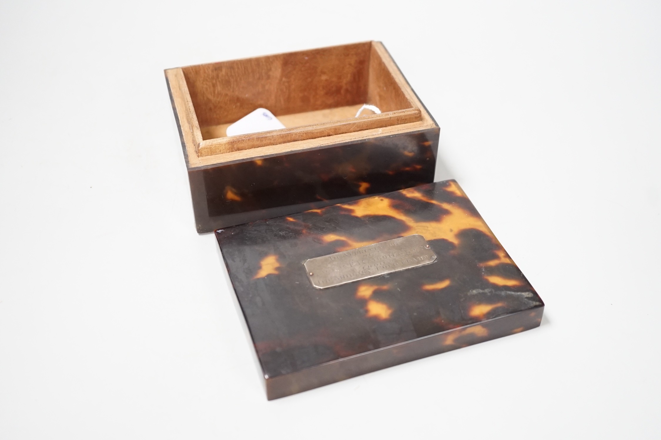 A silver-mounted tortoiseshell box, inscribed ‘In Appreciation of Capt C.E. Raison A.R.C.M. From the Antigua Police Band’. 13cm wide